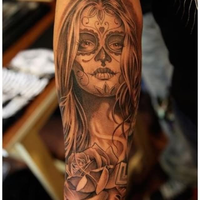 3D Dia De Los Muertos Girl Face With Rose Tattoo Design For Forearm