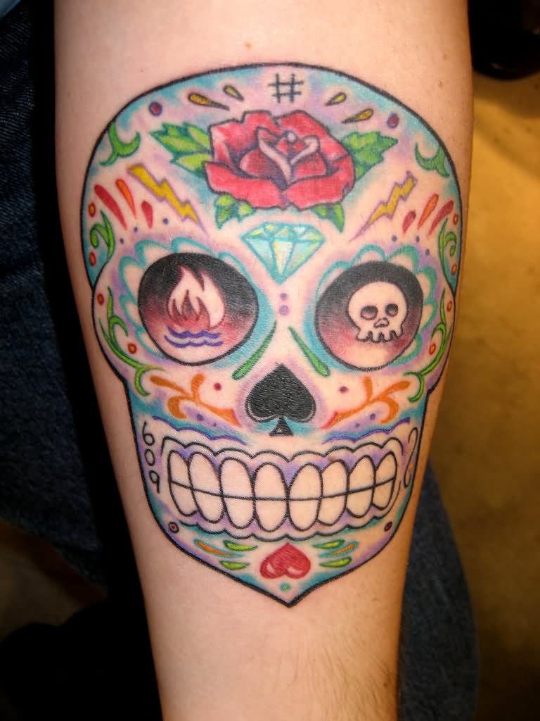 Amazing Colorful Dia De Los Muertos Skull Tattoo Design For Forearm