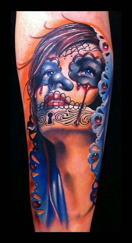 Awesome 3D Colorful Dia De Los Muertos Girl Face Tattoo Design For Forearm