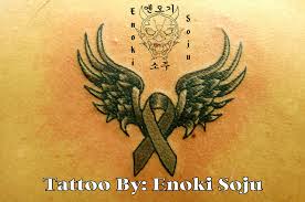 Black Ink Cancer Ribbon With Wings Tattoo Design