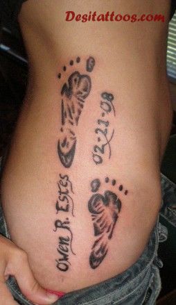 Black Ink Memorial Footprints Tattoo On Side Rib