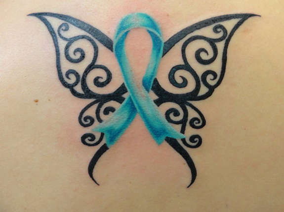 Cancer Ribbon With Butterfly Wings Tattoo Design