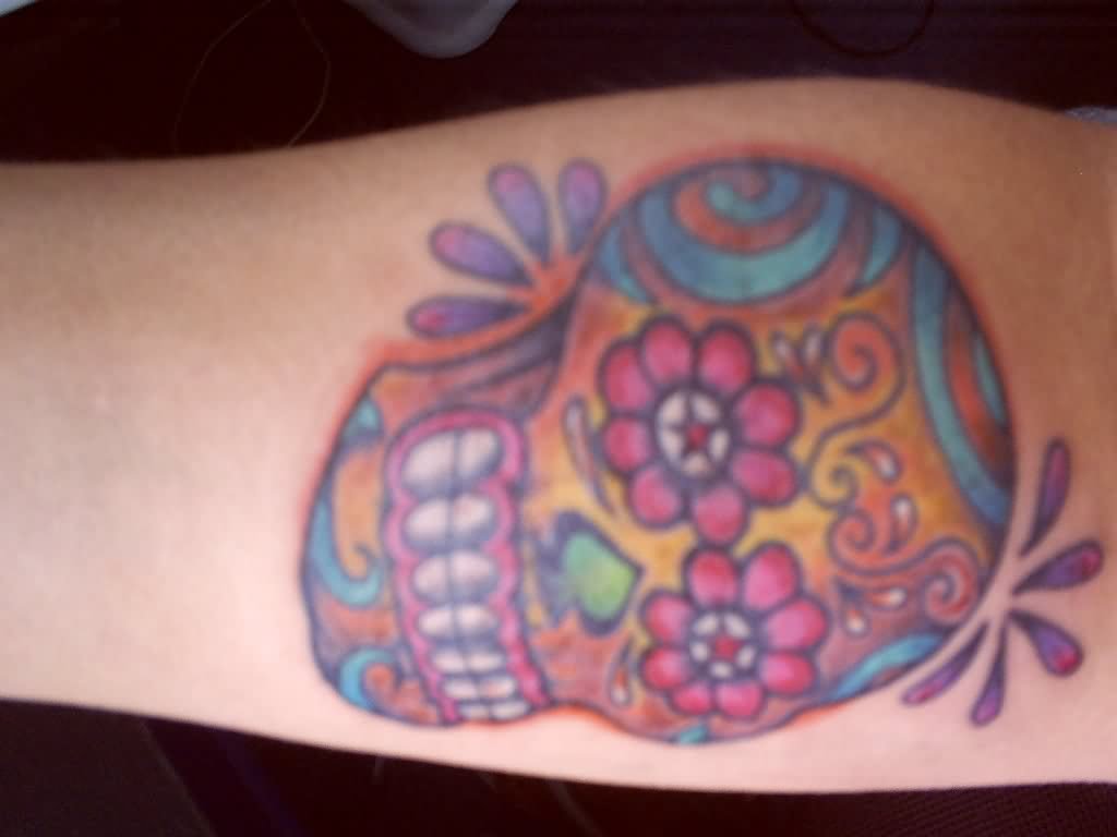 Colorful Dia De Los Muertos Skull Tattoo Design For Forearm