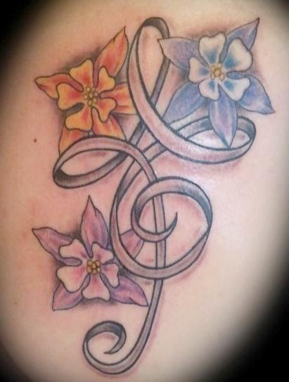 Colorful Flowers With Ribbon Tattoo Design