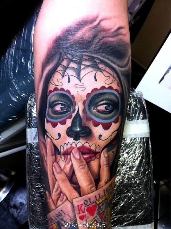 Dia De Los Muertos Girl Face With Playing Cards Tattoo Design For Forearm