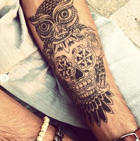 Dia De Los Muertos Owl With Skull Tattoo On Forearm