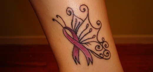 Pink Cancer Ribbon With Butterfly Wings Tattoo Design