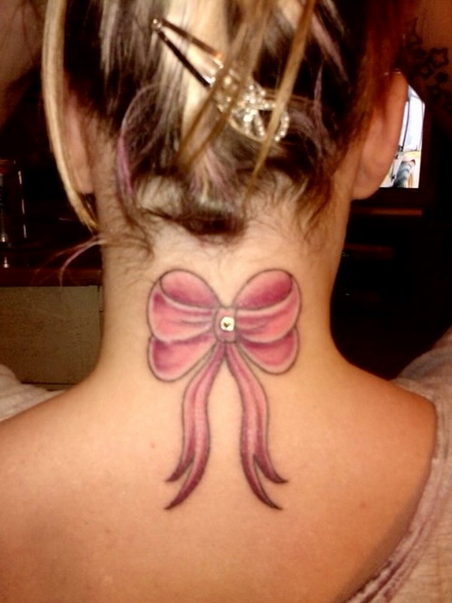 Pink Ribbon Bow Tattoo On Girl Back Neck