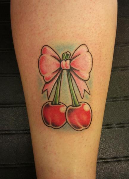 Two Cherry With Ribbon Bow Tattoo Design For Forearm