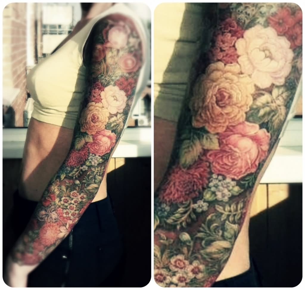 Awesome Colorful Floral Tattoo On Girl Left Full Sleeve