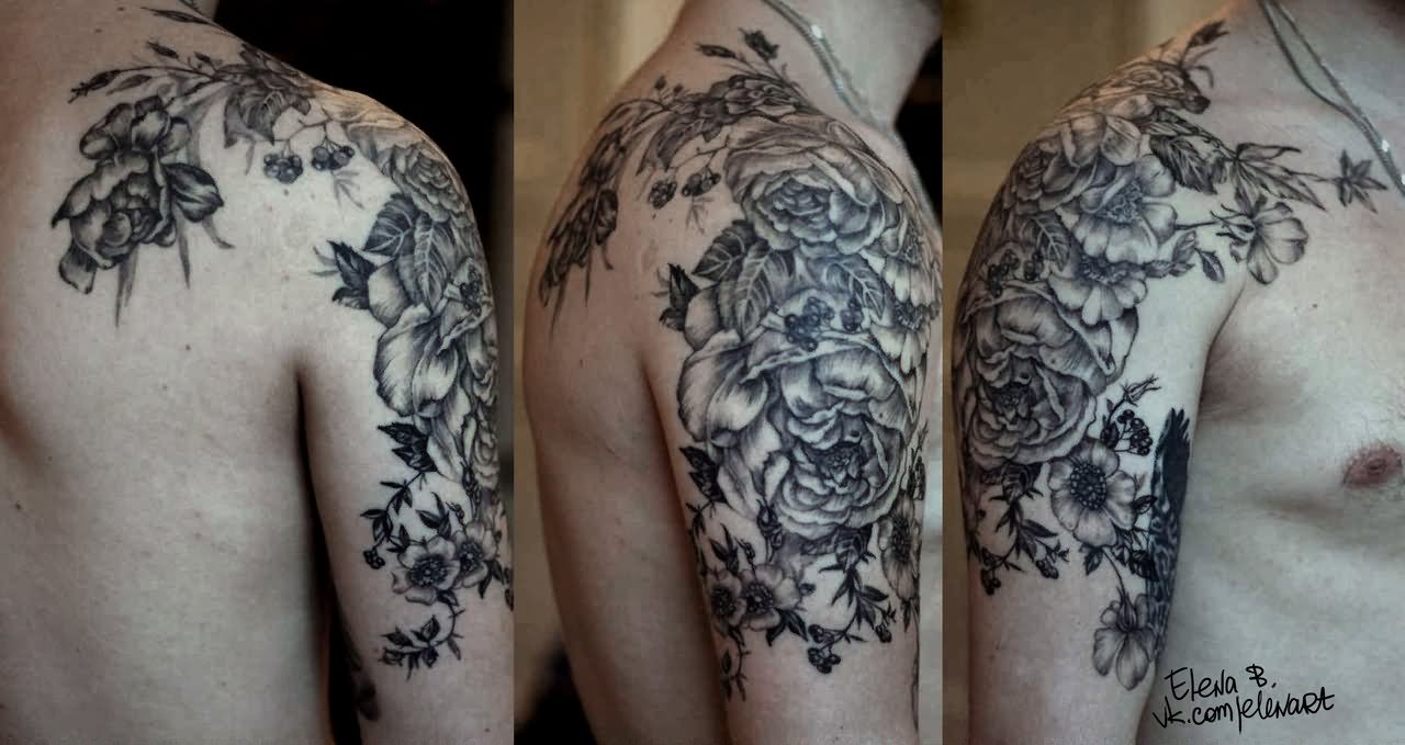 Black Floral Tattoo On Man Right Shoulder By Elena B