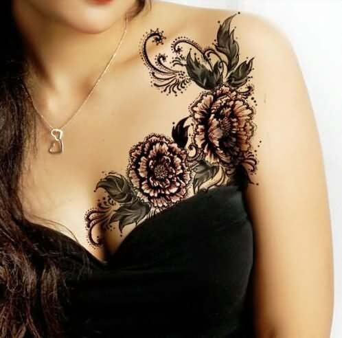 Black Ink Floral Tattoo On Girl Left Front Shoulder