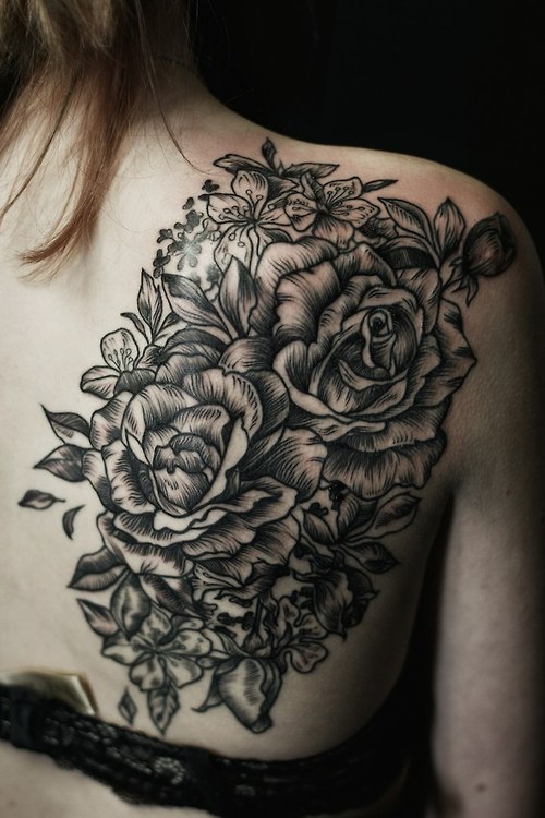 Black Ink Floral Tattoo On Right Back Shoulder