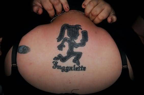 Black Ink Icp Jugalette Tattoo On Upper Back