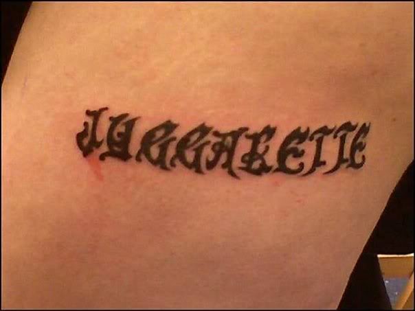 Black Ink Jugalette Word Tattoo