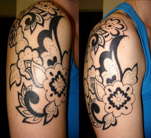 Black Tribal Floral Tattoo On Right Shoulder