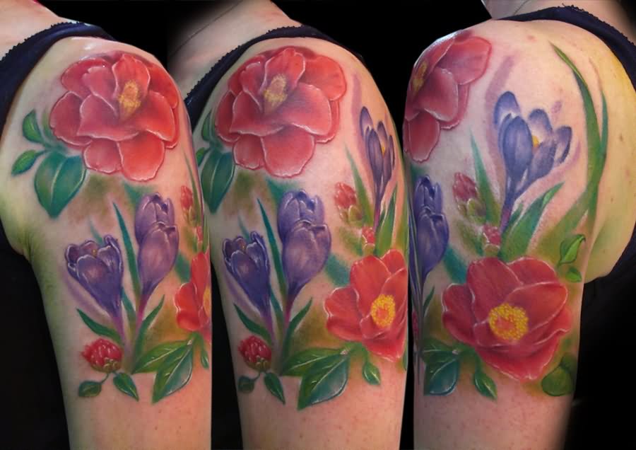 Colorful Floral Tattoo Design For Shoulder