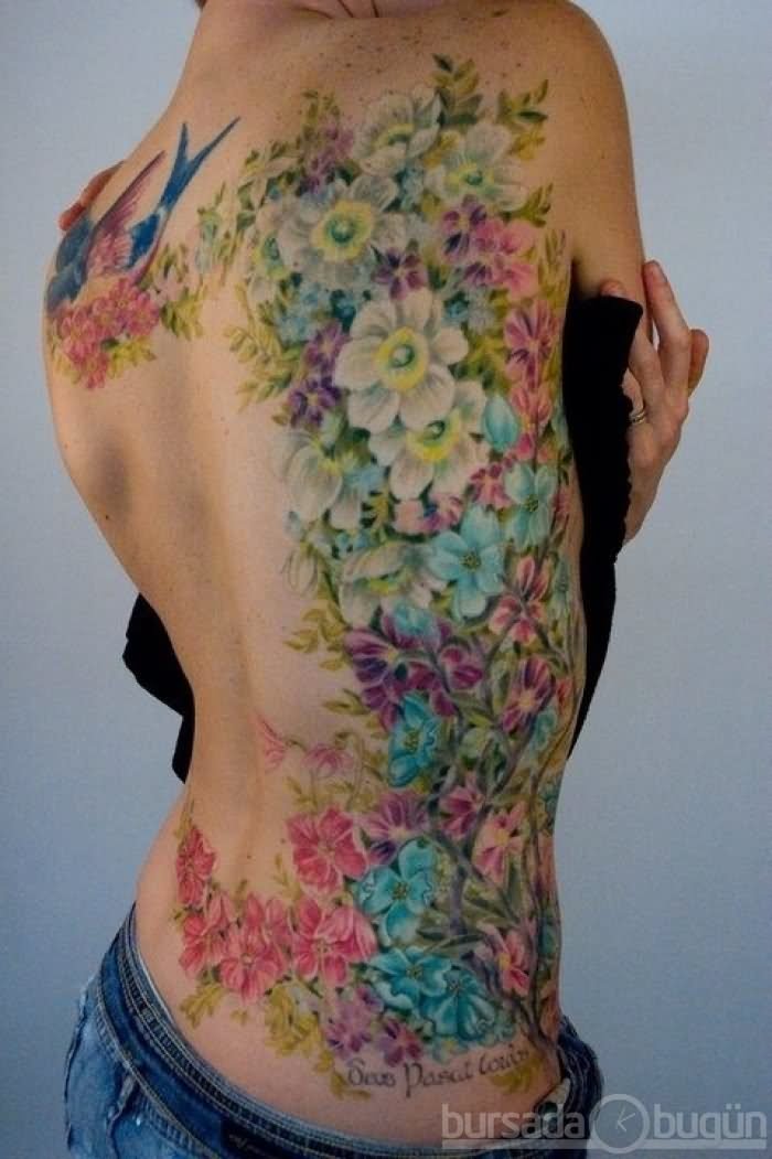 Colorful Floral Tattoo On Full Back