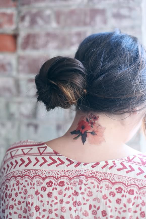 Colorful Floral Tattoo On Girl Back Neck