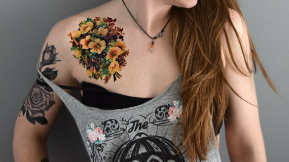 Colorful Floral Tattoo On Girl Right Front Shoulder