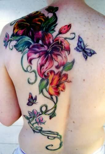 Colorful Floral Tattoo On Left Back Shoulder