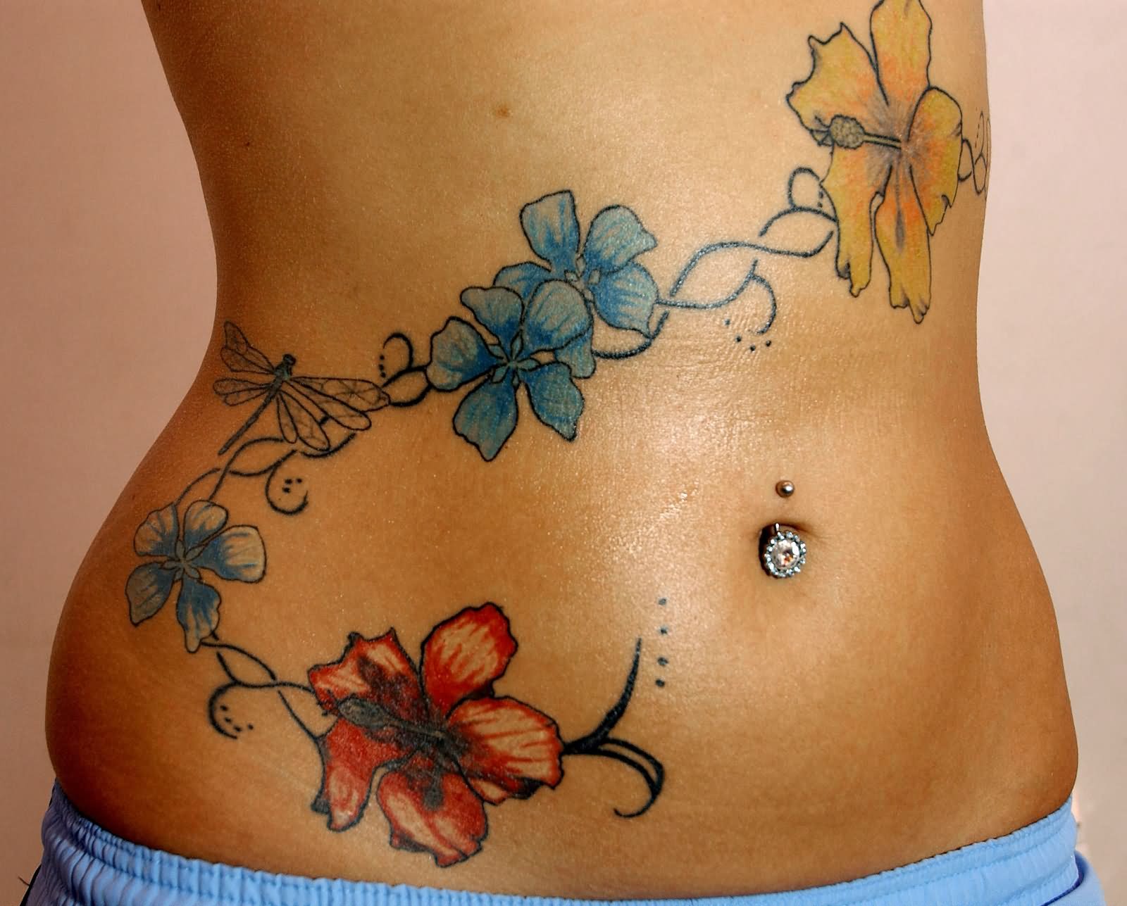 Colorful Floral Tattoo On Stomach