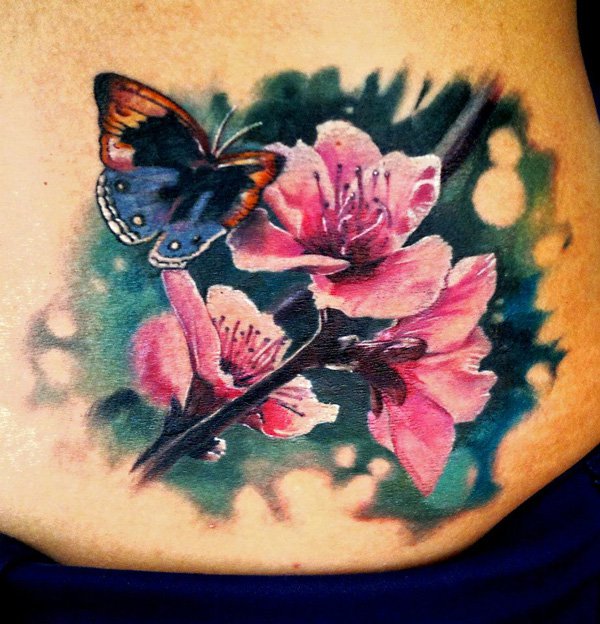 Colorful Floral With Butterfly Tattoo Design