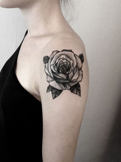 Cool Black Floral Tattoo On Girl Left Shoulder