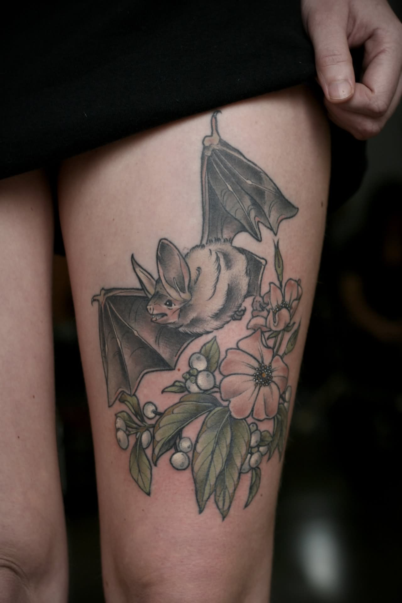 Floral With Bat Tattoo Design For Thigh