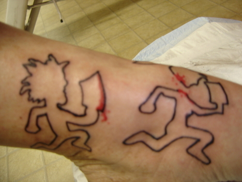 Outline Running Juggalo And Jugalette Tattoos On Leg