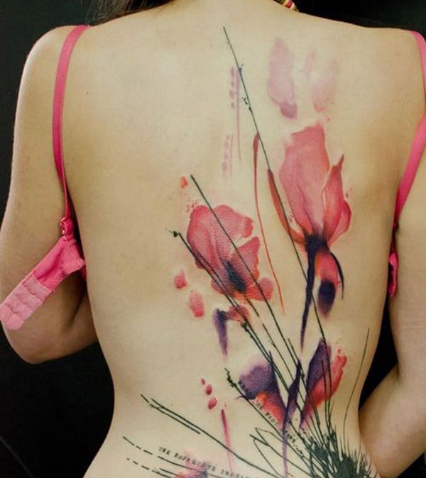 Watercolor Floral Tattoo On Girl Full Back