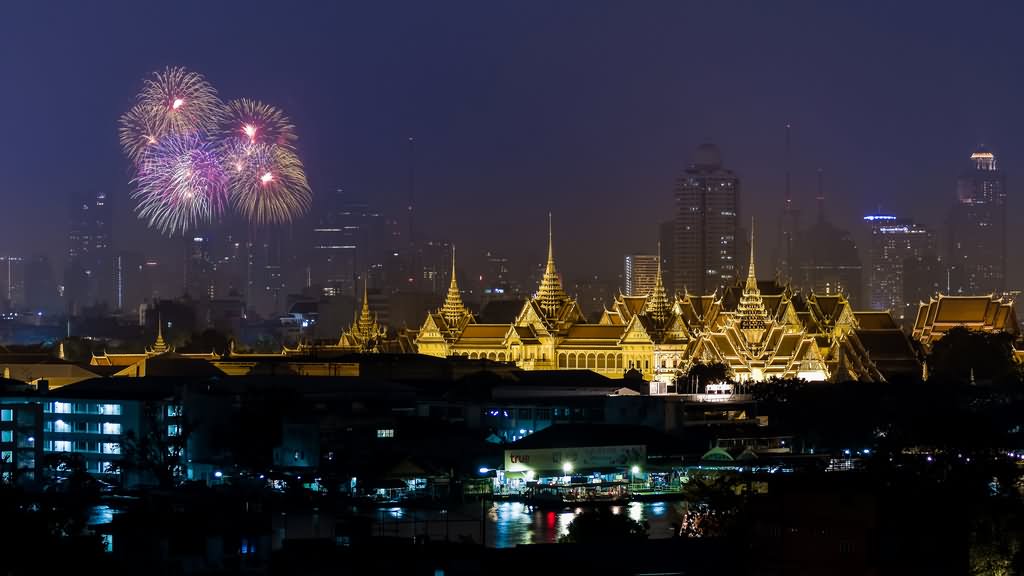 Fireworks Over The Grand Palace And Bangkok City At Night