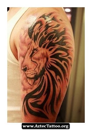 Black Ink Leo Tattoo On Man Left Half Sleeve