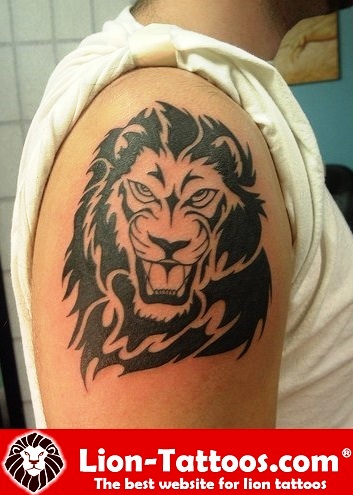 Black Leo Head Tattoo On Man Right Shoulder