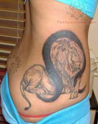 Black Lion With Leo Symbol Tattoo On Side Rib