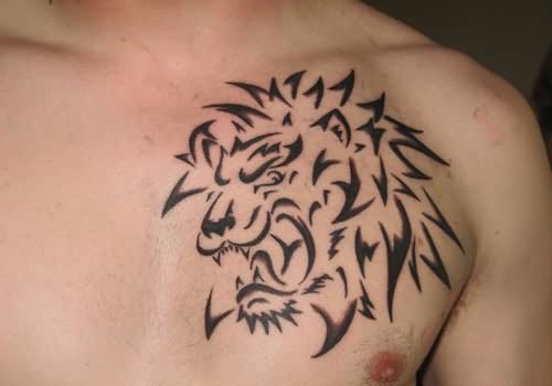 Black Tribal Leo Head Tattoo On Man Chest