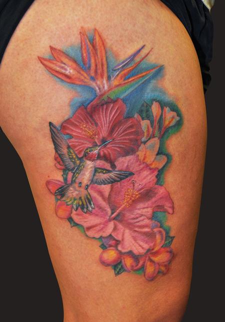 Colorful Hawaiian Flowers With Bird Tattoo Design For Shoulder