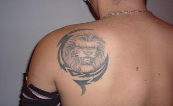 Grey Ink Leo Tattoo On Left Back Shoulder