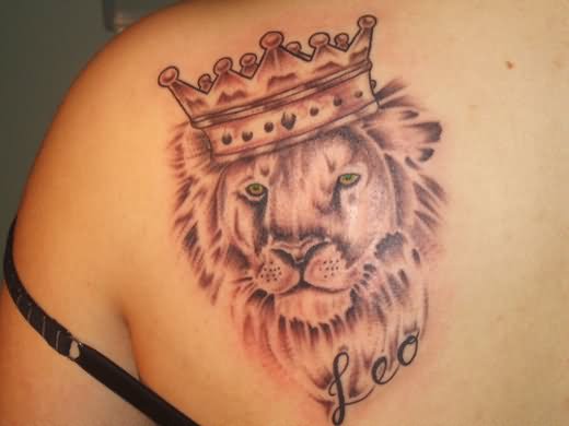 Leo - Black Ink Crown On Lion Head Tattoo On Left Back Shoulder