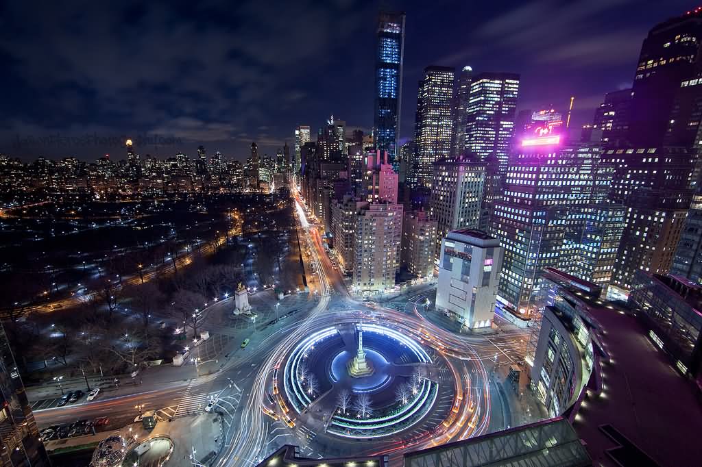 Aerial View Of Columbus Circle At Night