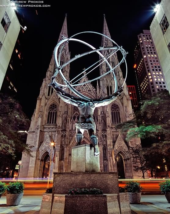 Atlas Statue In Front Of St. Patrick's Cathedral Night View