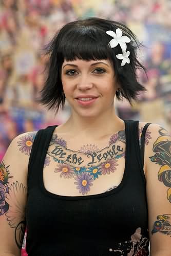 Flowers With Banner Tattoo On People Collarbone