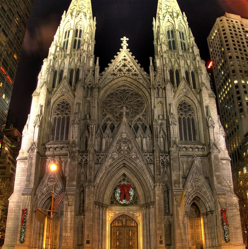 Front Picture Of St. Patrick's Cathedral At Night