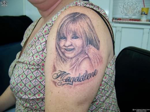 Magdalene - People Face Tattoo On Girl Left Shoulder