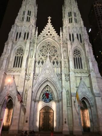 Main Entrance Of The St. Patrick's Cathedral At Night