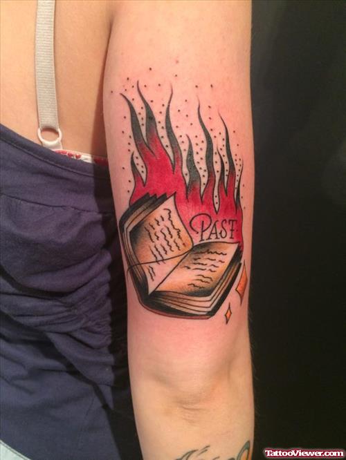 Open Book In Fire And Flame Tattoo On Right Half Sleeve