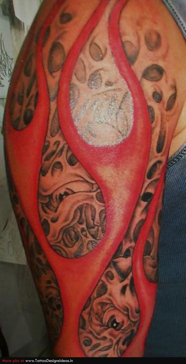 Red Fire And Flame Tattoo On Right Half Sleeve