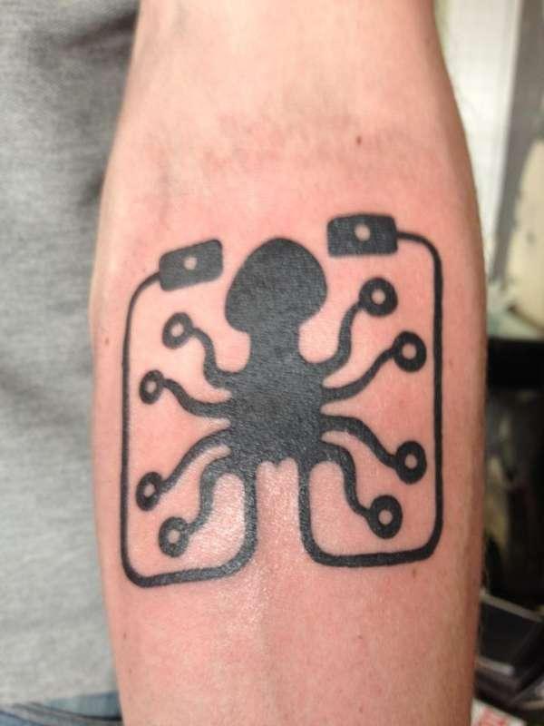 Spider Circuit Chip Tattoo On Forearm