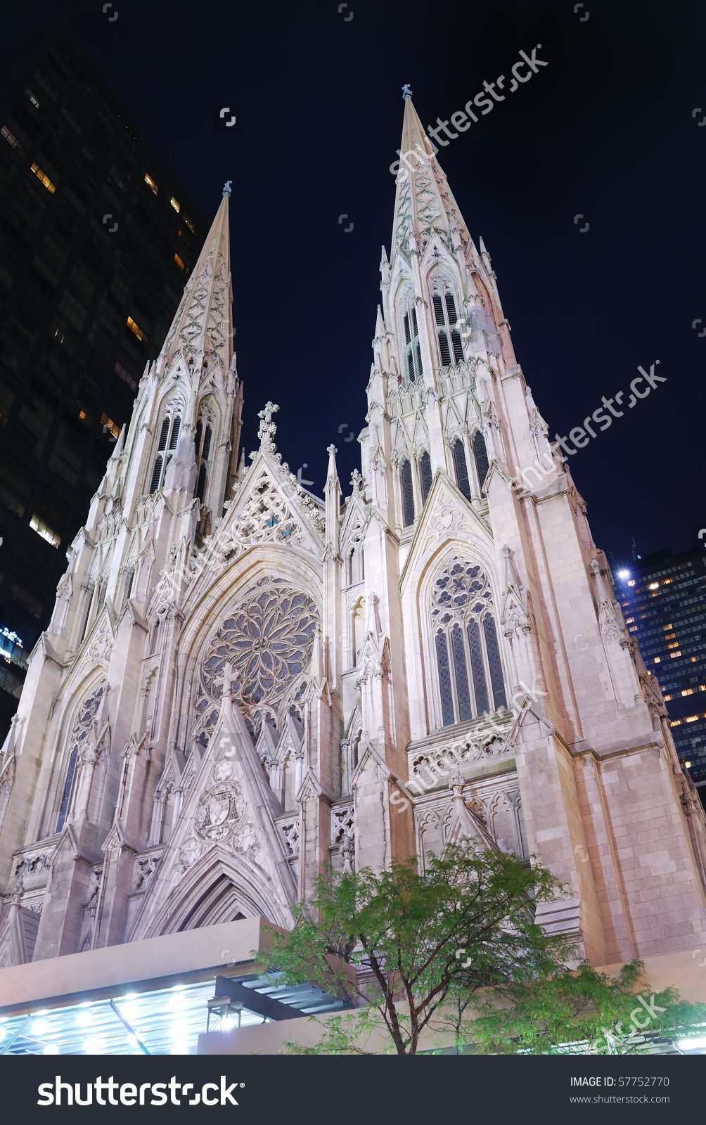 St. Patrick's Cathedral In Manhattan Night Lit Up By Lights