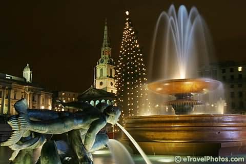 Beautiful Fountains At Trafalgar Square Night Picture